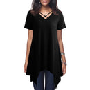 Sexy Women Asymmetric T-Shirt Criss Cross V Neck Short Sleeve Blouse Solid Loose Casual Tunic Top Black/Grey/Army Green