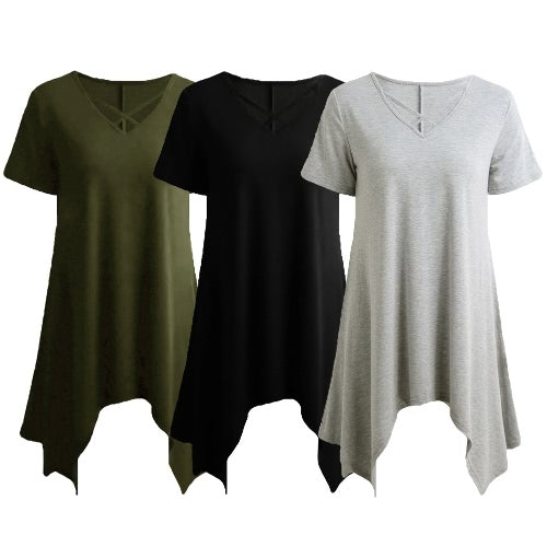 Sexy Women Asymmetric T-Shirt Criss Cross V Neck Short Sleeve Blouse Solid Loose Casual Tunic Top Black/Grey/Army Green