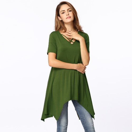 Sexy Women Asymmetric T-Shirt Criss Cross V Neck Short Sleeve Blouse Solid Loose Casual Tunic Top Black/Grey/Army Green