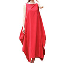 Women Maxi Sleeveless Tunic Dress Plus Size Pockets O Neck Solid Loose Mori Swing Tank Dress White/Red