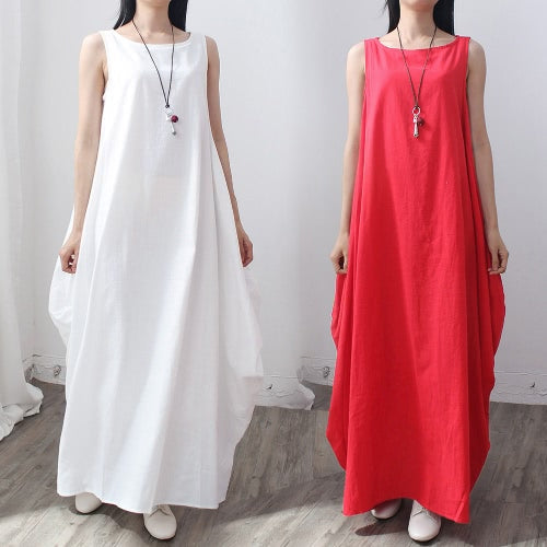 Women Maxi Sleeveless Tunic Dress Plus Size Pockets O Neck Solid Loose Mori Swing Tank Dress White/Red