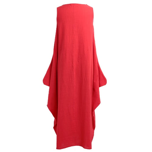 Women Maxi Sleeveless Tunic Dress Plus Size Pockets O Neck Solid Loose Mori Swing Tank Dress White/Red