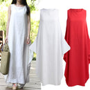 Women Maxi Sleeveless Tunic Dress Plus Size Pockets O Neck Solid Loose Mori Swing Tank Dress White/Red