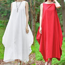 Women Maxi Sleeveless Tunic Dress Plus Size Pockets O Neck Solid Loose Mori Swing Tank Dress White/Red