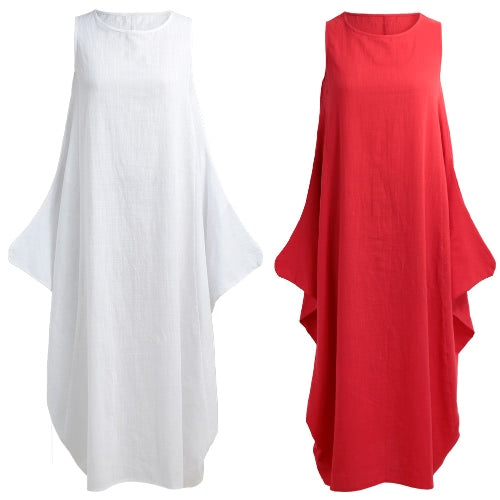 Women Maxi Sleeveless Tunic Dress Plus Size Pockets O Neck Solid Loose Mori Swing Tank Dress White/Red