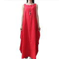 Women Maxi Sleeveless Tunic Dress Plus Size Pockets O Neck Solid Loose Mori Swing Tank Dress White/Red