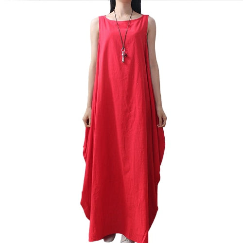 Women Maxi Sleeveless Tunic Dress Plus Size Pockets O Neck Solid Loose Mori Swing Tank Dress White/Red