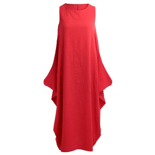 Women Maxi Sleeveless Tunic Dress Plus Size Pockets O Neck Solid Loose Mori Swing Tank Dress White/Red