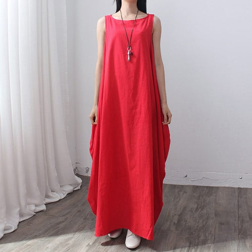 Women Maxi Sleeveless Tunic Dress Plus Size Pockets O Neck Solid Loose Mori Swing Tank Dress White/Red