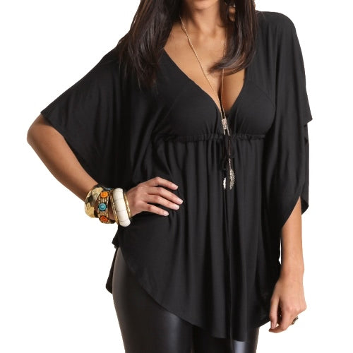 New Fashion Women Blouse Sexy V Neck Batwing Sleeve Solid Loose Casual Tee Shirt Tops