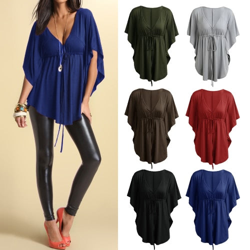 New Fashion Women Blouse Sexy V Neck Batwing Sleeve Solid Loose Casual Tee Shirt Tops