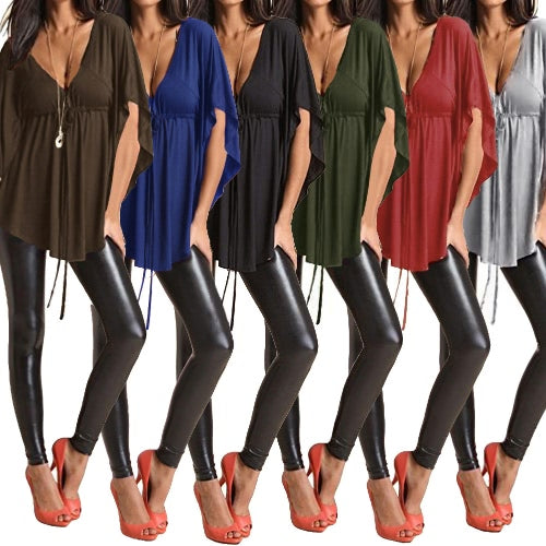 New Fashion Women Blouse Sexy V Neck Batwing Sleeve Solid Loose Casual Tee Shirt Tops