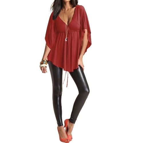 New Fashion Women Blouse Sexy V Neck Batwing Sleeve Solid Loose Casual Tee Shirt Tops