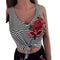 Sexy Women Tank Top Stripe Print Floral Embroidery Deep V Neck Sleeveless Casual Vest Black