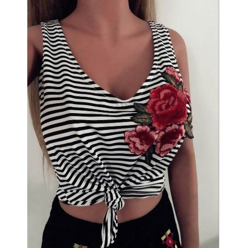 Sexy Women Tank Top Stripe Print Floral Embroidery Deep V Neck Sleeveless Casual Vest Black