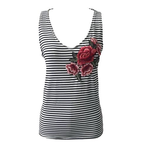 Sexy Women Tank Top Stripe Print Floral Embroidery Deep V Neck Sleeveless Casual Vest Black