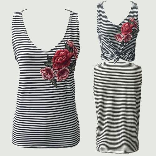 Sexy Women Tank Top Stripe Print Floral Embroidery Deep V Neck Sleeveless Casual Vest Black