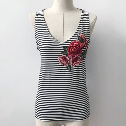 Sexy Women Tank Top Stripe Print Floral Embroidery Deep V Neck Sleeveless Casual Vest Black