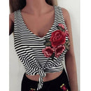 Sexy Women Tank Top Stripe Print Floral Embroidery Deep V Neck Sleeveless Casual Vest Black