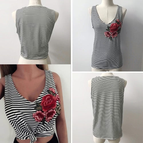 Sexy Women Tank Top Stripe Print Floral Embroidery Deep V Neck Sleeveless Casual Vest Black