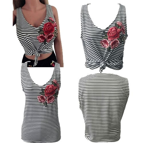 Sexy Women Tank Top Stripe Print Floral Embroidery Deep V Neck Sleeveless Casual Vest Black