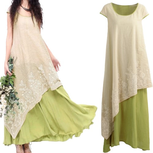 Women Vintage Casual Loose Maxi Dress Floral Embroidery O Neck