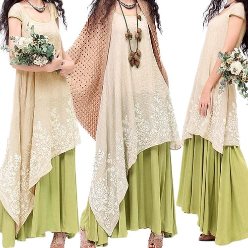 Women Vintage Casual Loose Maxi Dress Floral Embroidery O Neck