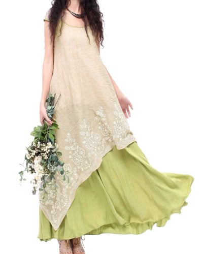 Women Vintage Casual Loose Maxi Dress Floral Embroidery O Neck