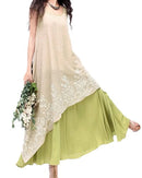 Women Vintage Casual Loose Maxi Dress Floral Embroidery O Neck