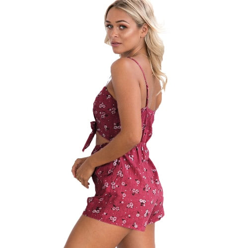 مثير المرأة بذلة عقدة الجوف خارج الأزهار طباعة الظهر عارضة الصيف السروال القصير Playsuit الأحمر