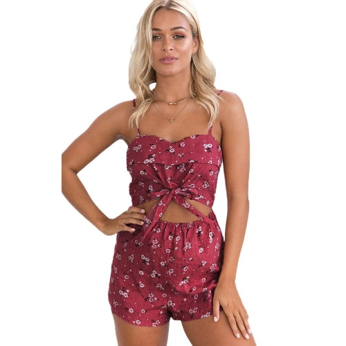 Sexy Women Jumpsuit Knot Hollow Out Floral Print Back Casual Summer Short Rompers Playsuit Red