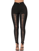 Women Lace Up Pants Hollow Out High Waist Hole Ripped Skinny Pants Pencil Trousers Bandage Pants