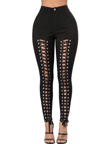 Women Lace Up Pants Hollow Out High Waist Hole Ripped Skinny Pants Pencil Trousers Bandage Pants