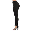 Women Lace Up Pants Hollow Out High Waist Hole Ripped Skinny Pants Pencil Trousers Bandage Pants