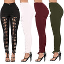 Women Lace Up Pants Hollow Out High Waist Hole Ripped Skinny Pants Pencil Trousers Bandage Pants