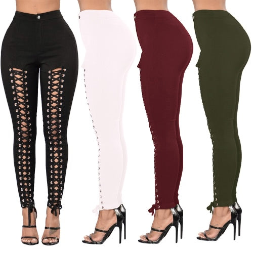 Women Lace Up Pants Hollow Out High Waist Hole Ripped Skinny Pants Pencil Trousers Bandage Pants