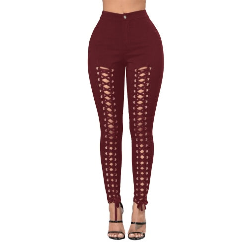 Women Lace Up Pants Hollow Out High Waist Hole Ripped Skinny Pants Pencil Trousers Bandage Pants