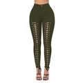 Women Lace Up Pants Hollow Out High Waist Hole Ripped Skinny Pants Pencil Trousers Bandage Pants