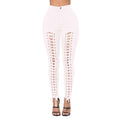 Women Lace Up Pants Hollow Out High Waist Hole Ripped Skinny Pants Pencil Trousers Bandage Pants