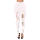 Women Lace Up Pants Hollow Out High Waist Hole Ripped Skinny Pants Pencil Trousers Bandage Pants