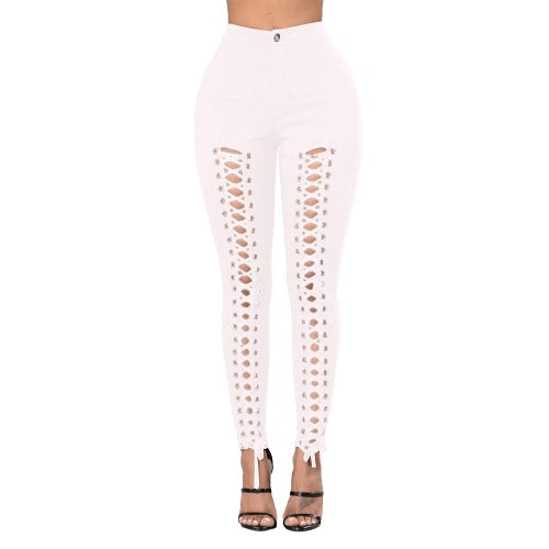 Women Lace Up Pants Hollow Out High Waist Hole Ripped Skinny Pants Pencil Trousers Bandage Pants