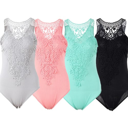 Sexy Women Bodycon Sleeveless Jumpsuit Bodysuit Hollow Out Crochet Lace Ribbed Slim Playsuit Rompers