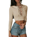 Sexy Women Bodycon Crop Top Lace-Up Bandage O-Neck Long Sleeves Casual Solid Slim Top