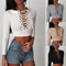 Sexy Women Bodycon Crop Top Lace-Up Bandage O-Neck Long Sleeves Casual Solid Slim Top