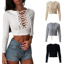 Sexy Women Bodycon Crop Top Lace-Up Bandage O-Neck Long Sleeves Casual Solid Slim Top