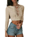 Sexy Women Bodycon Crop Top Lace-Up Bandage O-Neck Long Sleeves Casual Solid Slim Top