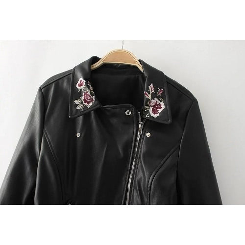 Women PU Leather Jacket Floral Embroidery Zipper Biker Jacket