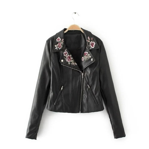 Women PU Leather Jacket Floral Embroidery Zipper Biker Jacket