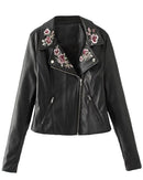 Women PU Leather Jacket Floral Embroidery Zipper Biker Jacket