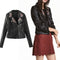 Women PU Leather Jacket Floral Embroidery Zipper Biker Jacket